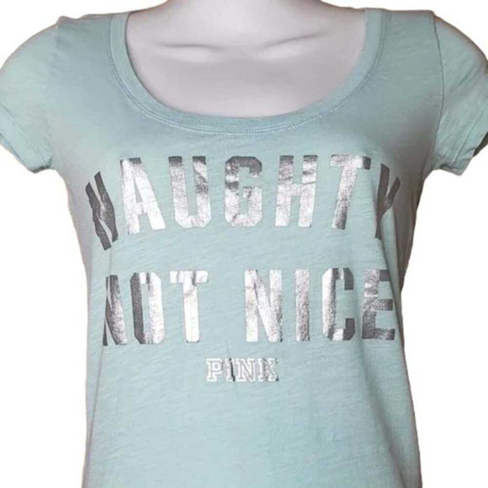 VICTORIA'S SECRET PINK NAUGHTY NOT NICE LIGHT BLUE T SHIRT SIZE XS